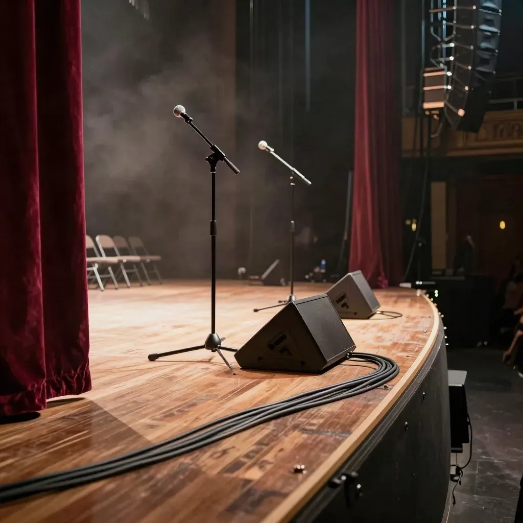 Empty concert stage with mics, monitors, cables, folded chairs, burgundy drape and warm haze.