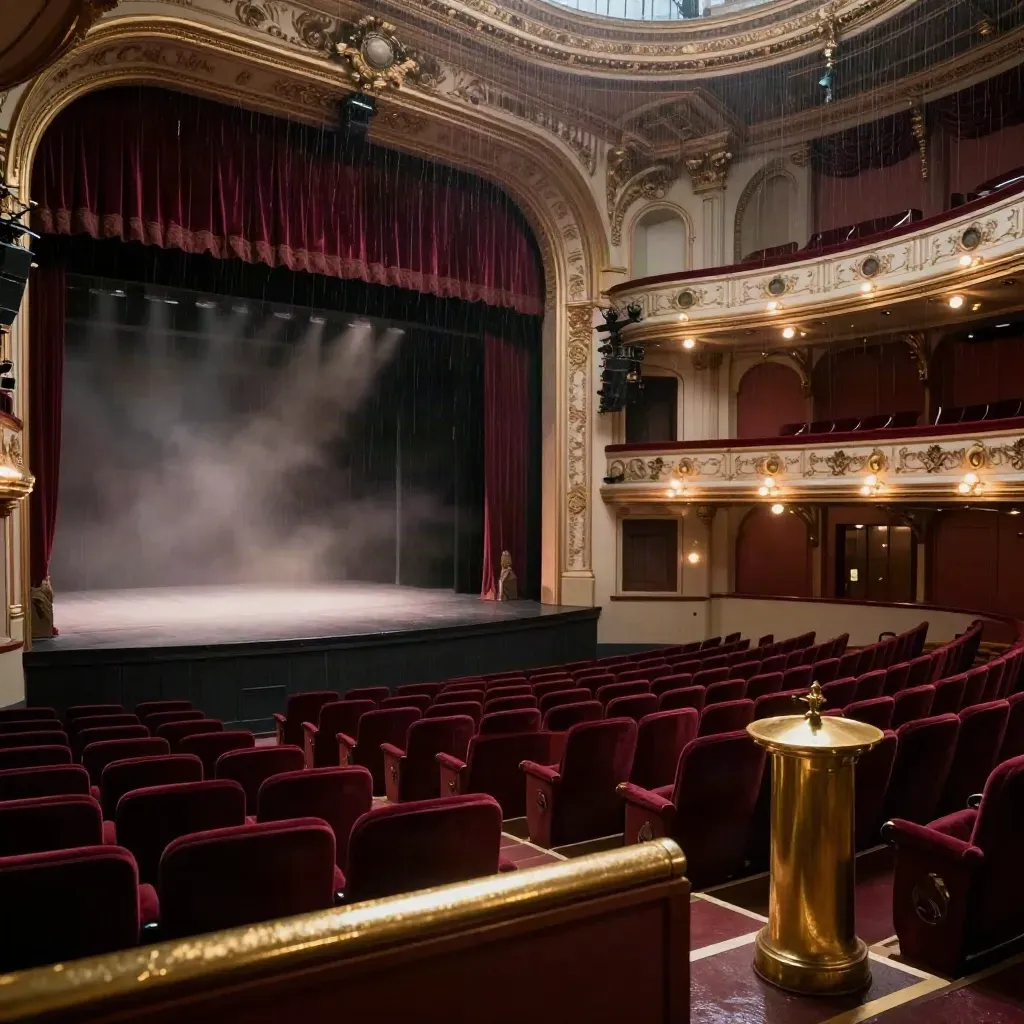 Empty historic theater with glowing stage, brass lights, burgundy curtain, and rain reflections