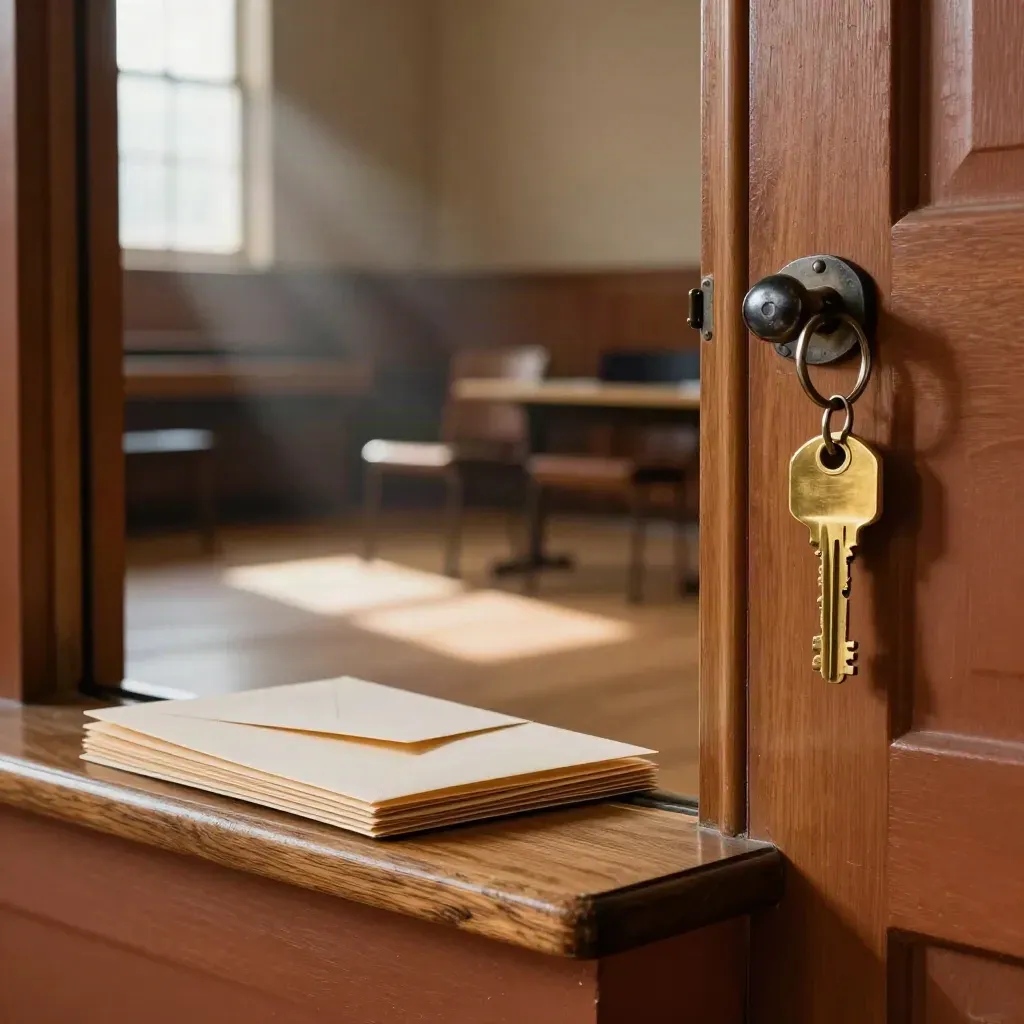 Brass key tag and permit folders on a doorway ledge in a sunlit rehearsal hall