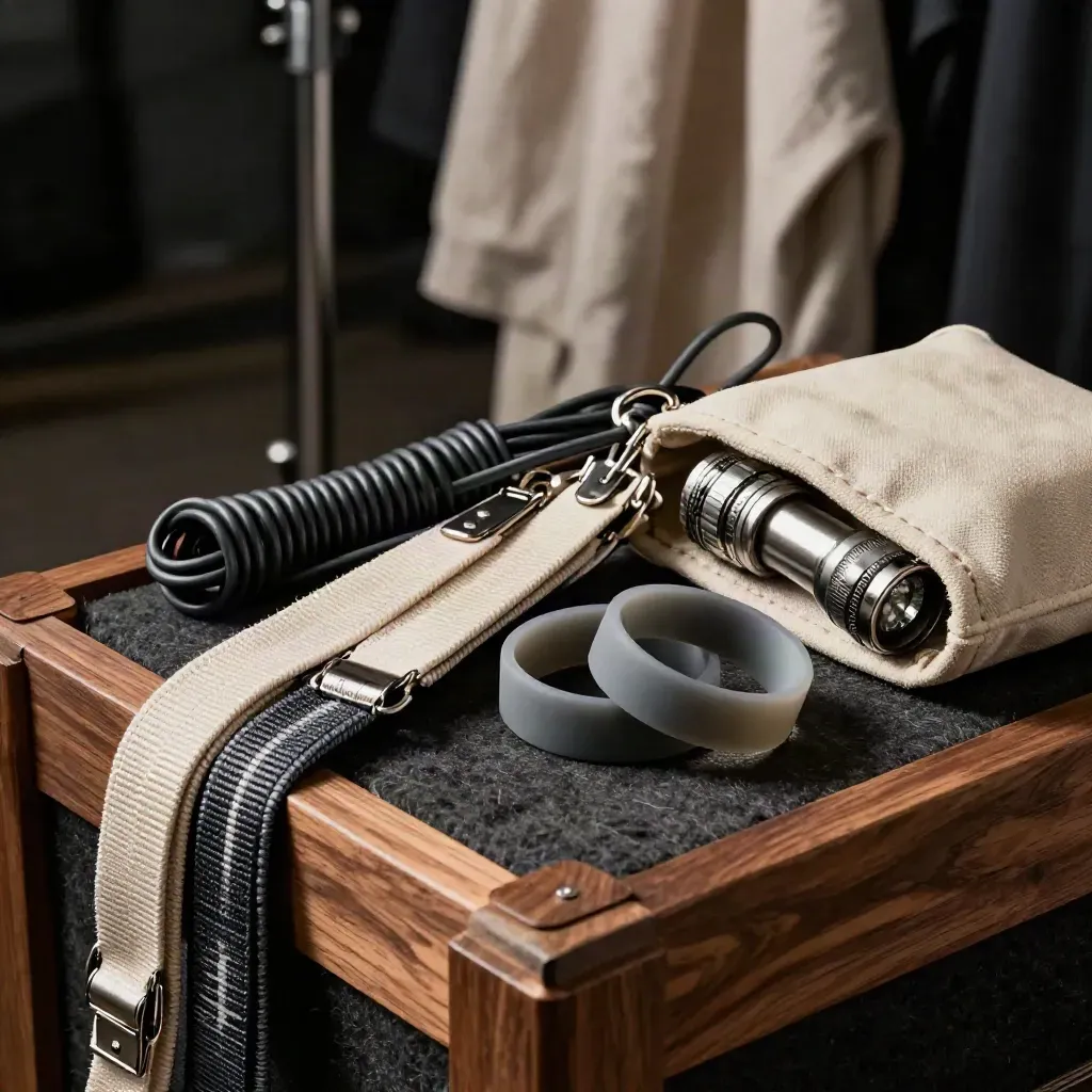 Stacked event lanyards, radio cord, wristbands and flashlight in a canvas pouch on walnut.
