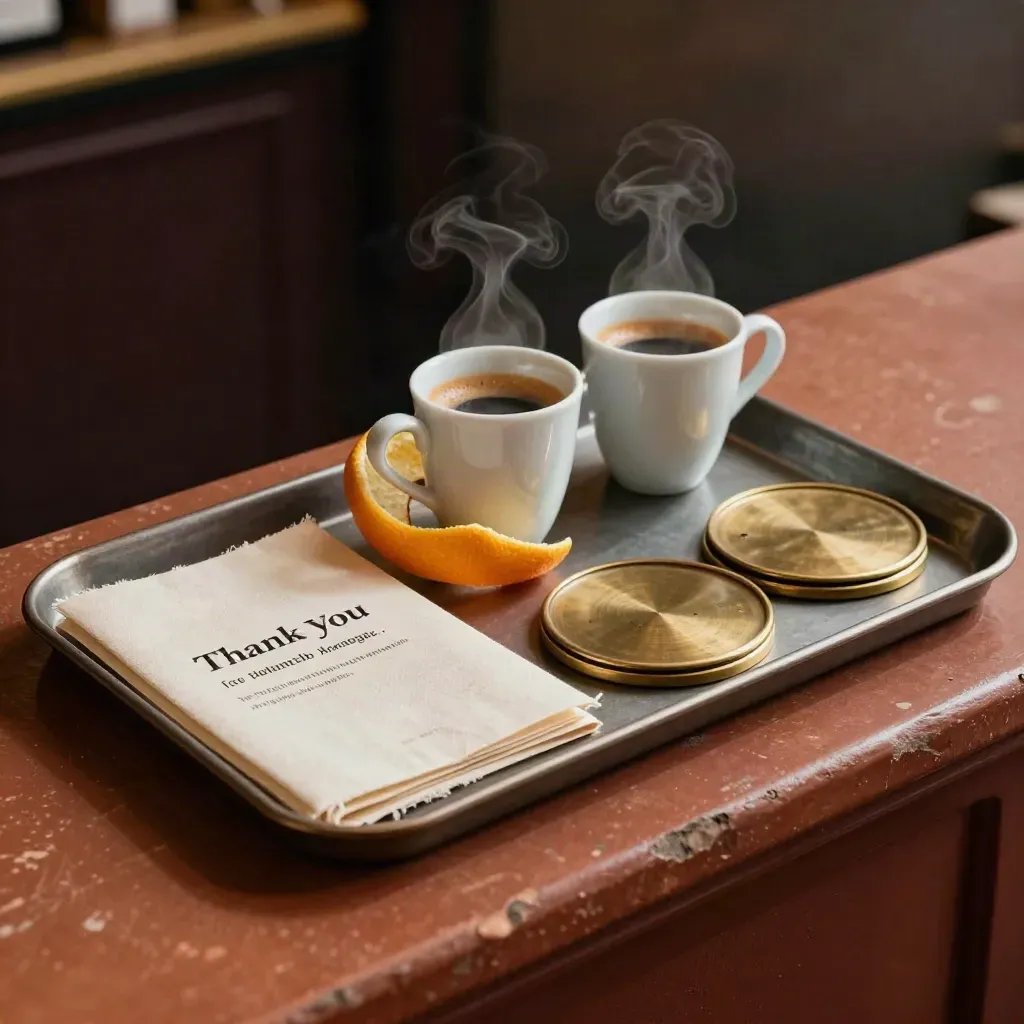 Espresso cups, citrus peel, linen packet and brass coasters on a theatre hospitality tray.
