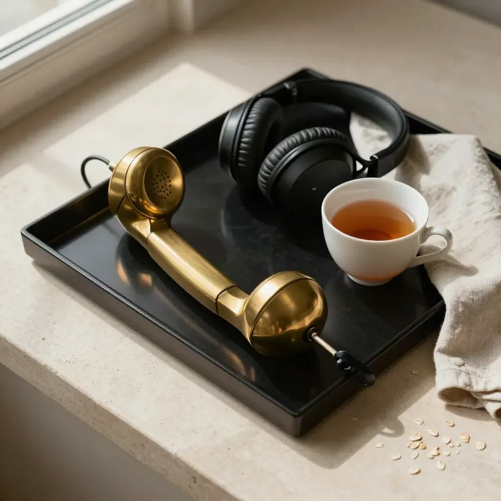 Brass handset, headphones, and teacup on a black lacquer tray in soft window light.