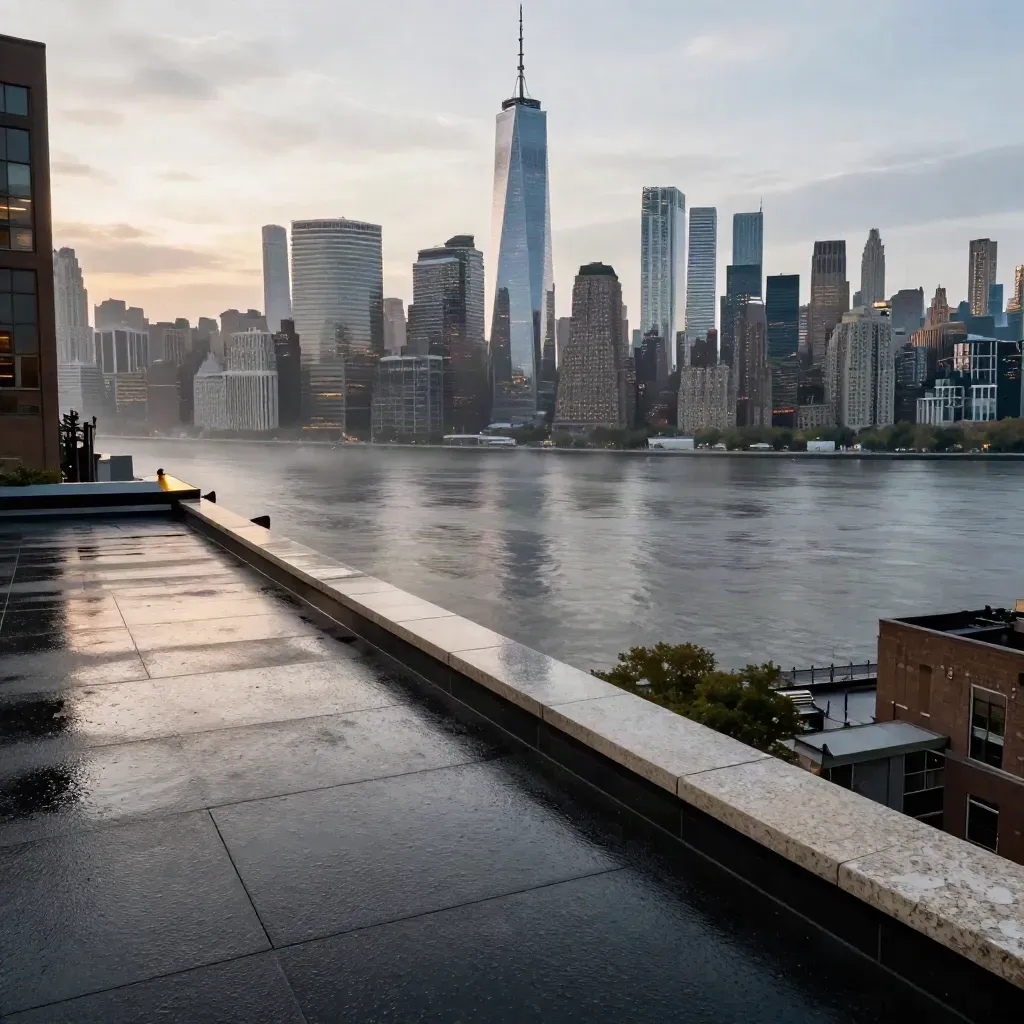 Brooklyn rooftop view of Manhattan and the East River after rain at blue hour.