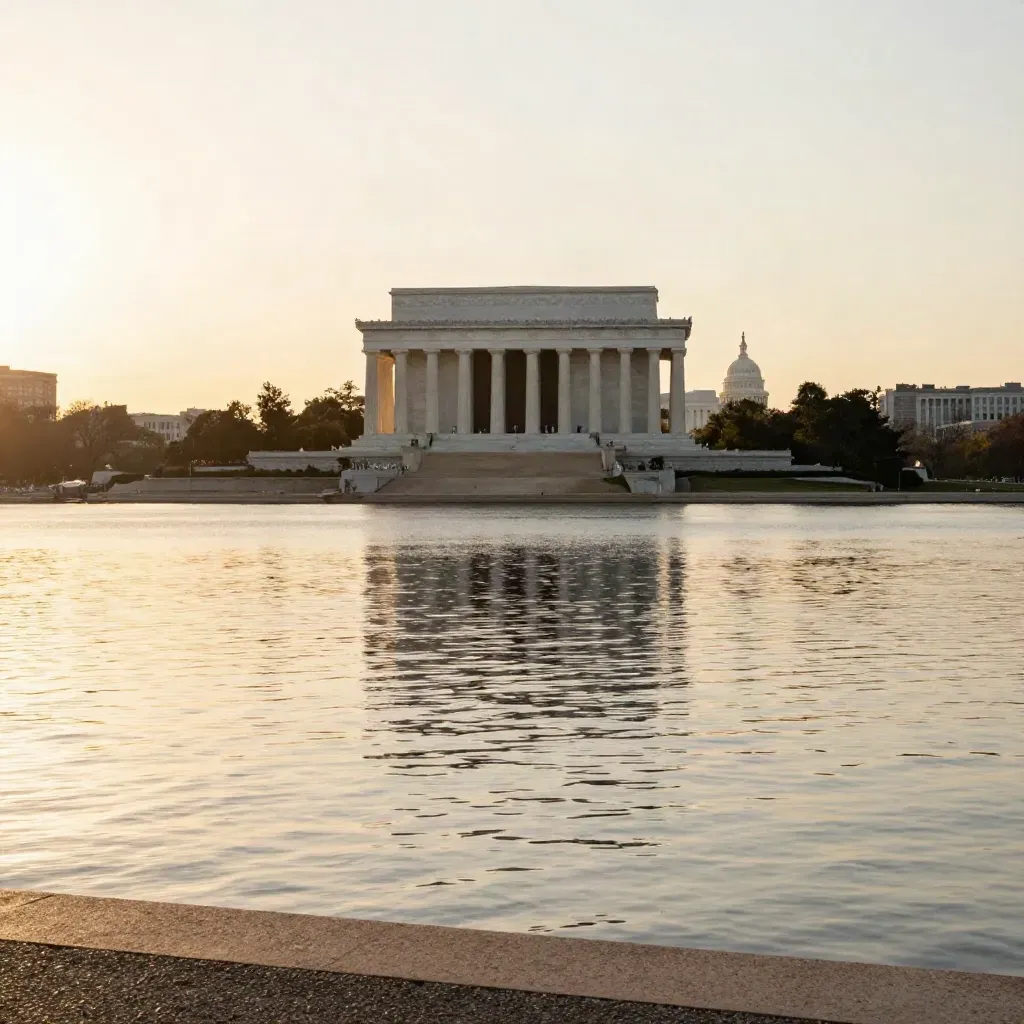 Lincoln Memorial and Capitol glowing over the Potomac at golden hour